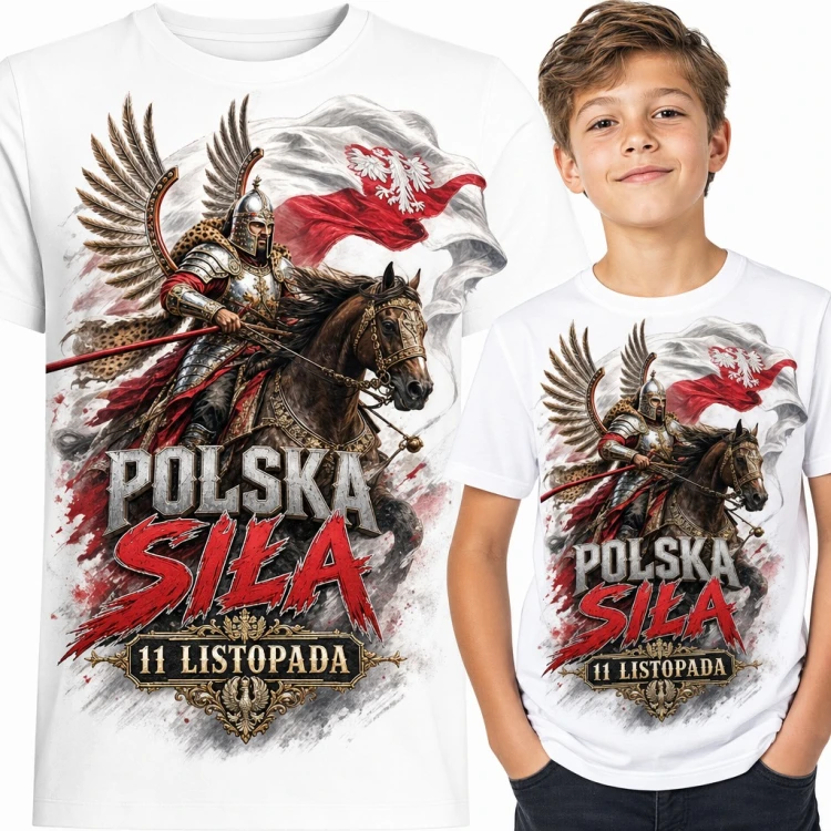 Koszulka chłopięca „Polska siła 11 listopada” - husarz z biało-czerwoną flagą