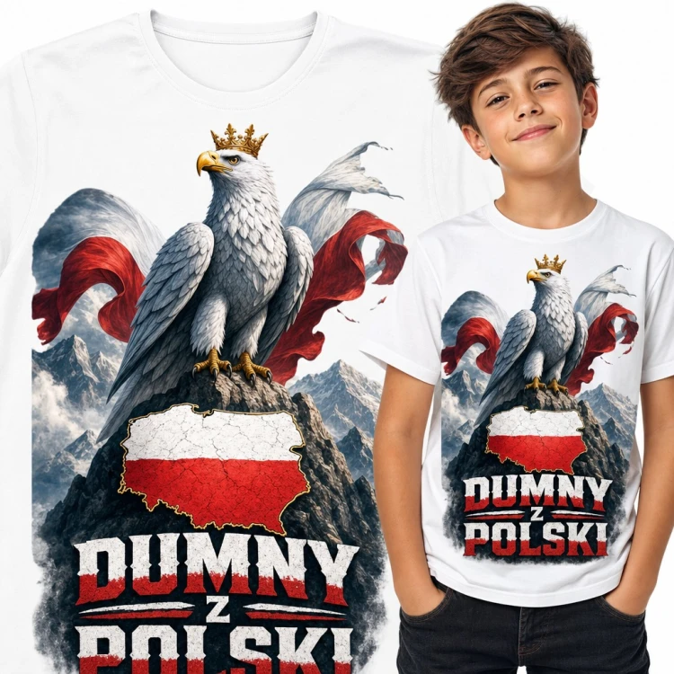 Koszulka chłopięca „Dumny z Polski” - orzeł w koronie na górskim szczycie