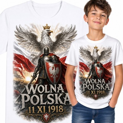 Koszulka chłopięca „Wolna Polska 11 XI 1918” - rycerz i orzeł w koronie na Święto Niepodległości