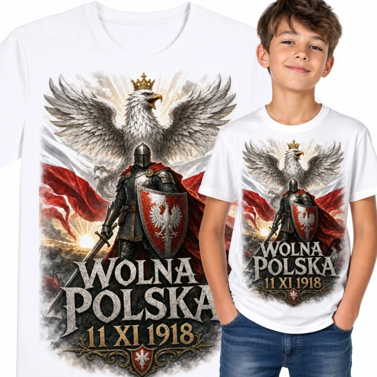 Koszulka chłopięca „Wolna Polska 11 XI 1918” - rycerz i orzeł w koronie na Święto Niepodległości