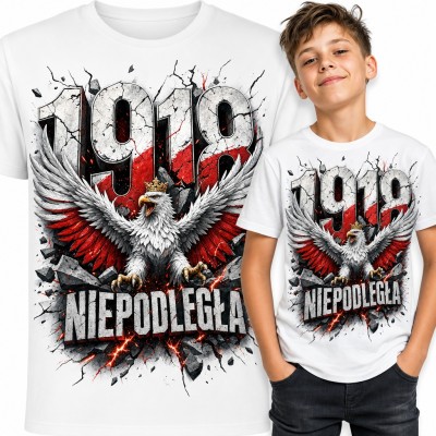 Koszulka chłopięca „Niepodległa” 1918 - orzeł w koronie na biało-czerwonym tle