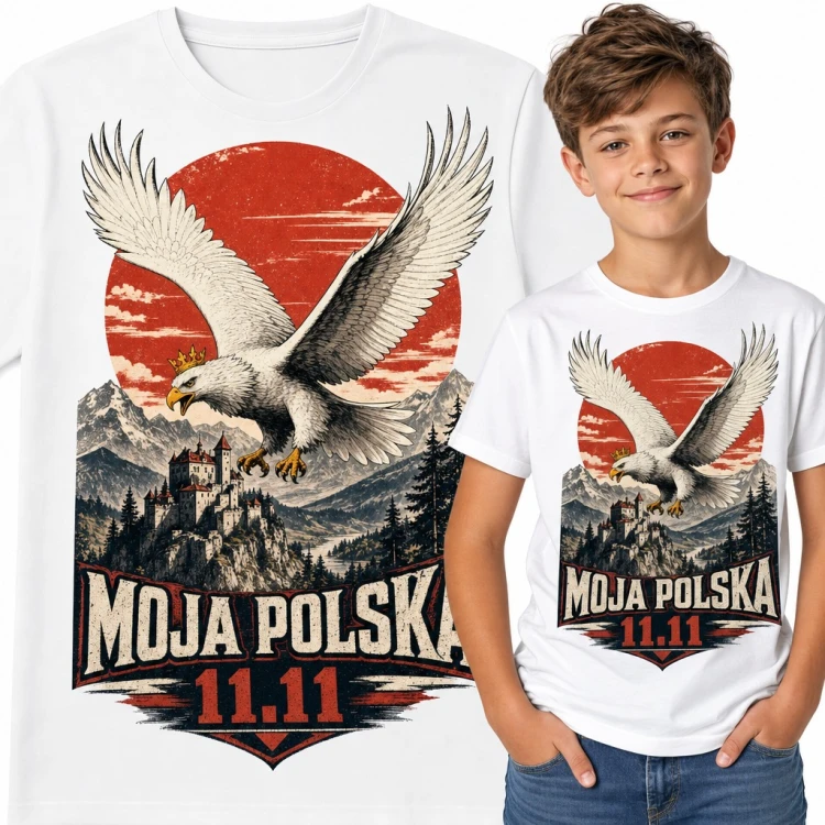 Koszulka chłopięca orzeł w koronie nad zamkiem „Moja Polska 11.11”