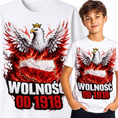 Koszulka chłopięca patriotyczna „Wolność od 1918” - orzeł w koronie i mapa Polski