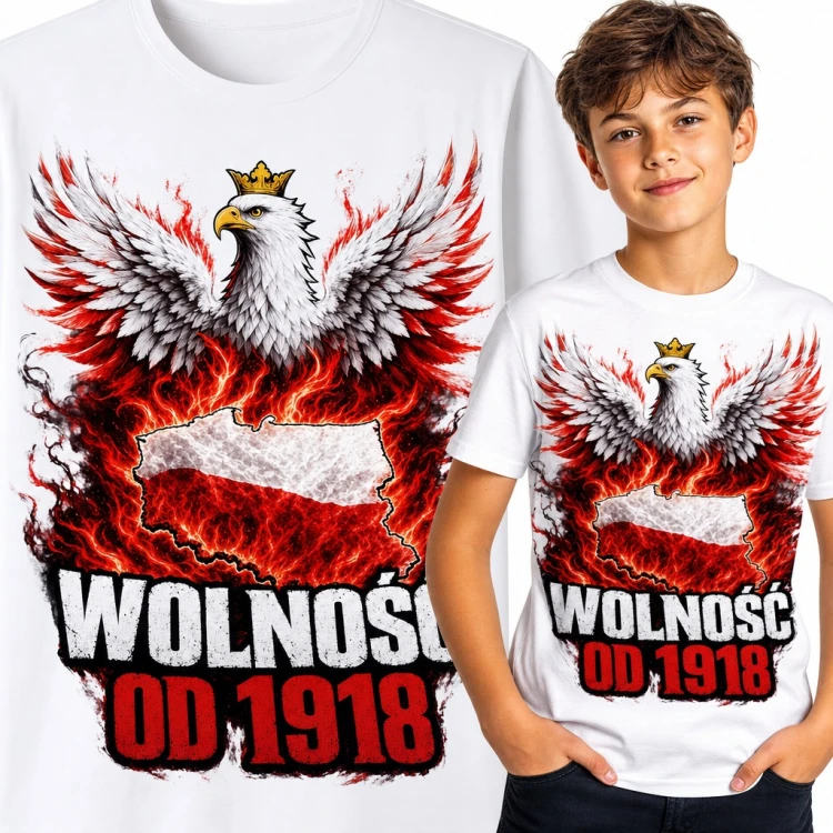 Koszulka chłopięca patriotyczna „Wolność od 1918” - orzeł w koronie i mapa Polski