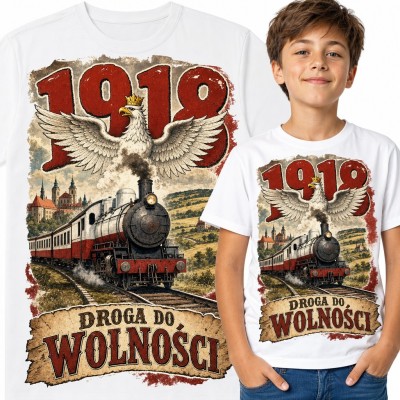 Koszulka chłopięca „1918 droga do wolności” - orzeł w koronie i parowóz
