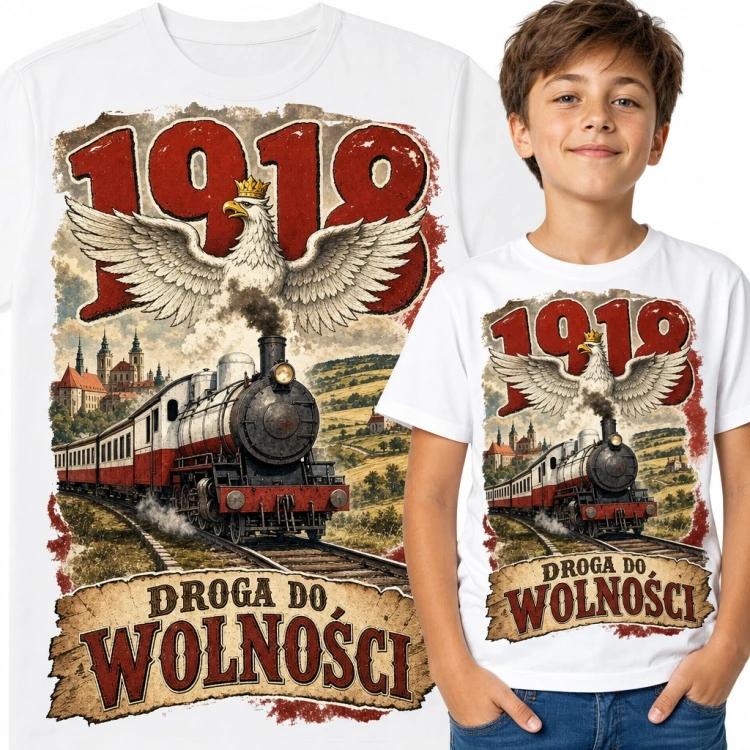 Koszulka chłopięca „1918 droga do wolności” - orzeł w koronie i parowóz