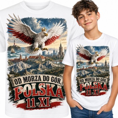 Koszulka chłopięca „Od morza do gór, Polska 11 XI” - orzeł w koronie na Święto Niepodległości
