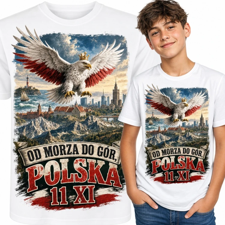 Koszulka chłopięca „Od morza do gór, Polska 11 XI” - orzeł w koronie na Święto Niepodległości