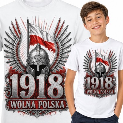 Koszulka chłopięca „1918 Wolna Polska” - hełm, husarskie skrzydła i flaga