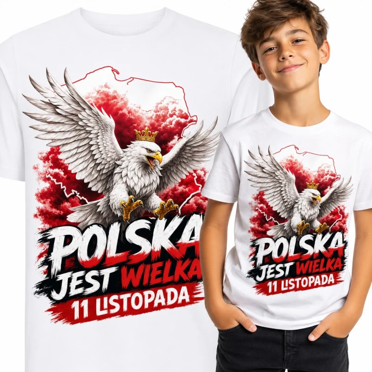 Koszulka chłopięca „Polska jest wielka 11 listopada” - orzeł w koronie na tle mapy Polski