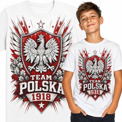 Koszulka chłopięca „Team Polska 1918” - orzeł w koronie na tarczy