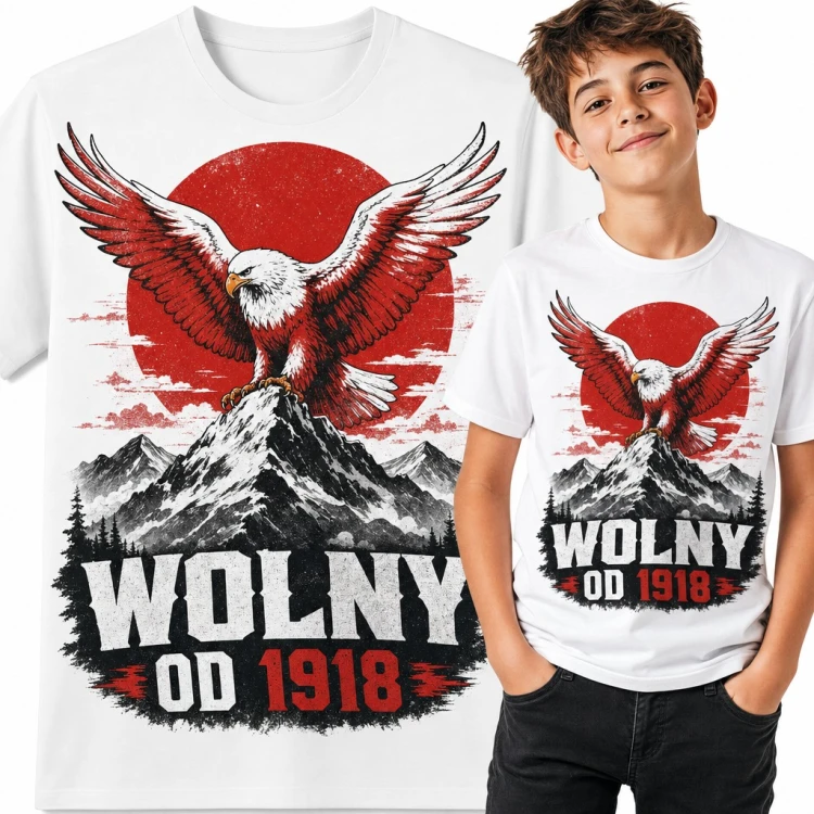 Koszulka chłopięca patriotyczna „Wolny od 1918” - orzeł na górskim szczycie