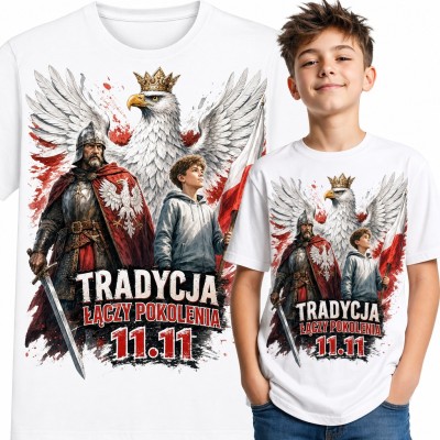 Koszulka chłopięca „Tradycja łączy pokolenia 11.11” - orzeł w koronie, rycerz i chłopiec z flagą