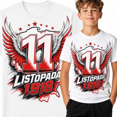 Koszulka chłopięca „11 listopada 1918” - skrzydła i kontur Polski na Święto Niepodległości