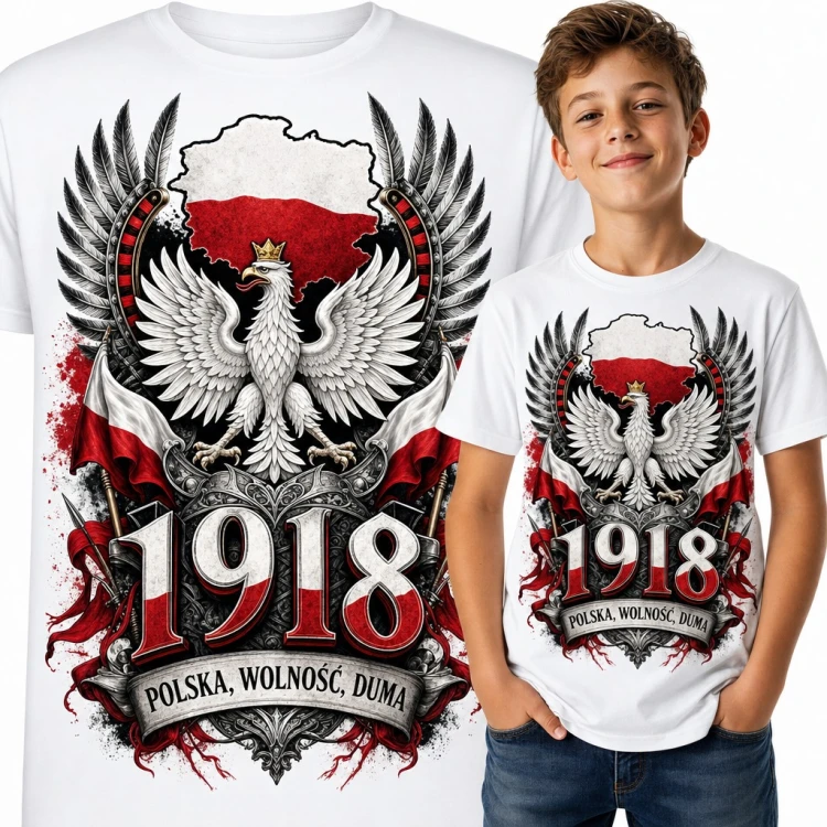 Koszulka chłopięca „1918 Polska, wolność, duma” - orzeł w koronie i mapa kraju