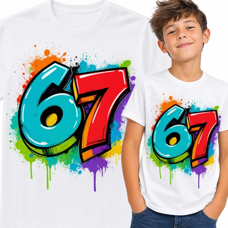 Koszulka chłopięca „67” - mem Six Seven w stylu graffiti
