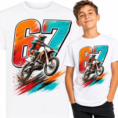 Koszulka chłopięca „67” - motocross z zawodnikiem w skoku