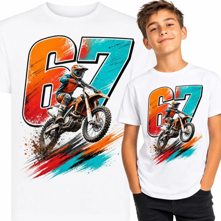 Koszulka chłopięca „67” - motocross z zawodnikiem w skoku
