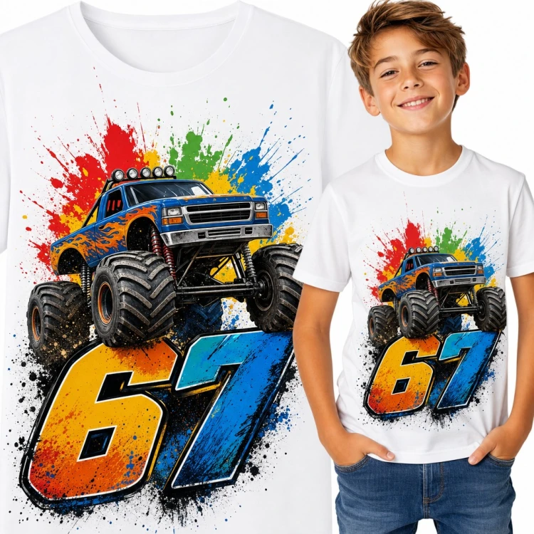 Koszulka chłopięca monster truck z liczbą „67” na kolorowych plamach farby