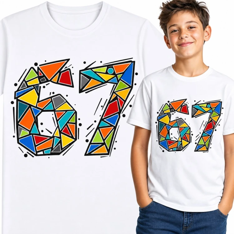 Koszulka chłopięca „67” - mem Six Seven z kolorowej mozaiki trójkątów