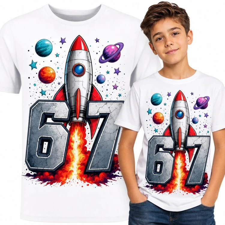 Koszulka chłopięca „67” - rakieta startująca w kosmos wśród planet