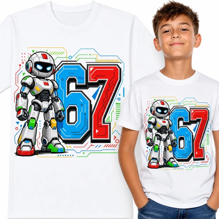 Koszulka chłopięca „67” - robot z kolorowymi obwodami i mem Six Seven