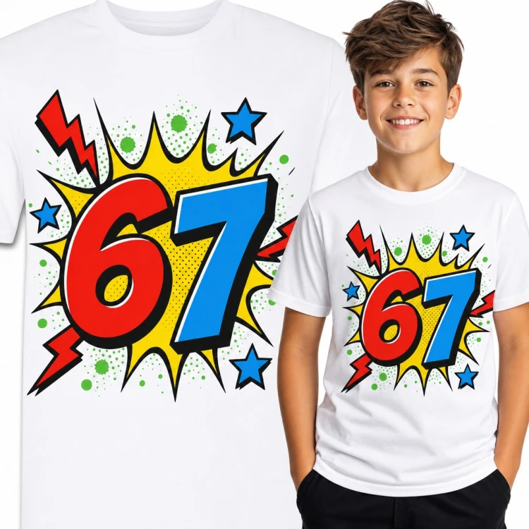 Koszulka chłopięca „67” - mem Six Seven w komiksowym wybuchu pop art