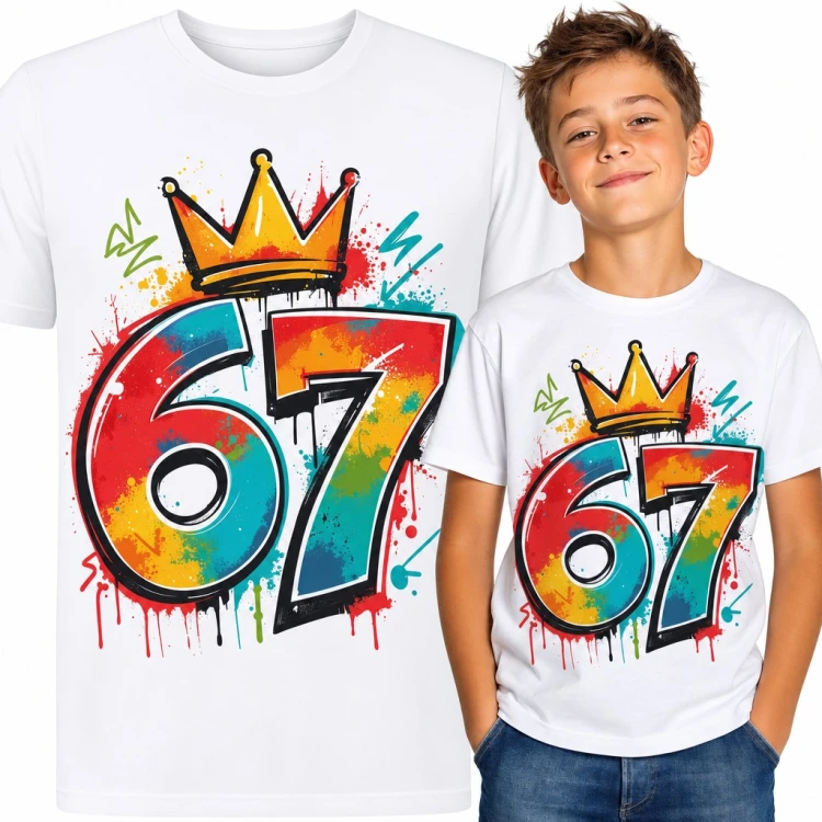 Koszulka chłopięca „67” - mem Six Seven w stylu graffiti z koroną