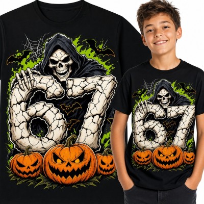 Koszulka chłopięca „67” - mem Six Seven z kostuchą i dyniami na Halloween