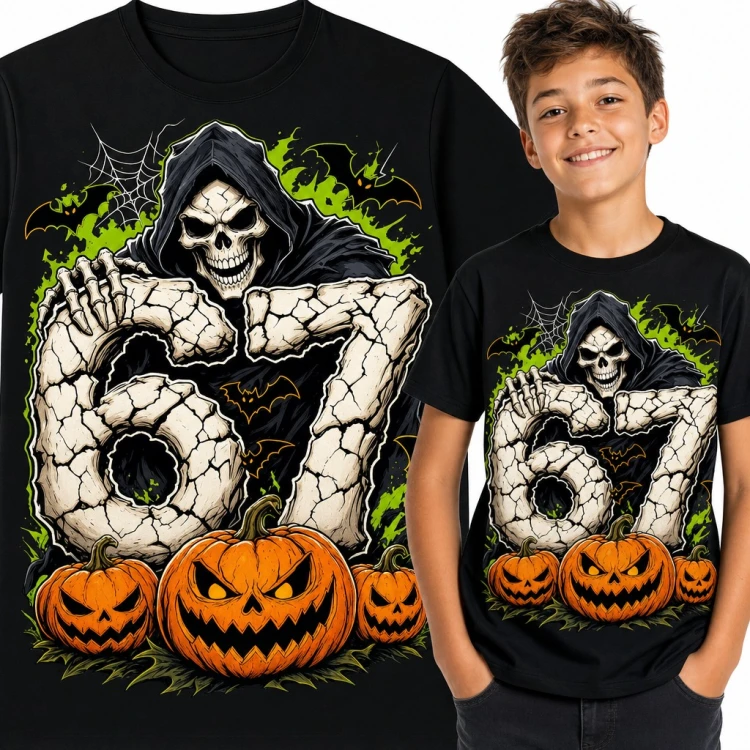 Koszulka chłopięca „67” - mem Six Seven z kostuchą i dyniami na Halloween