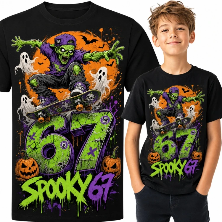 Koszulka chłopięca „Spooky 67” - zombie na deskorolce z dyniami i duchami