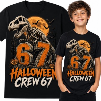 Koszulka chłopięca „Halloween Crew 67” - szkielet T-rexa i mem Six Seven