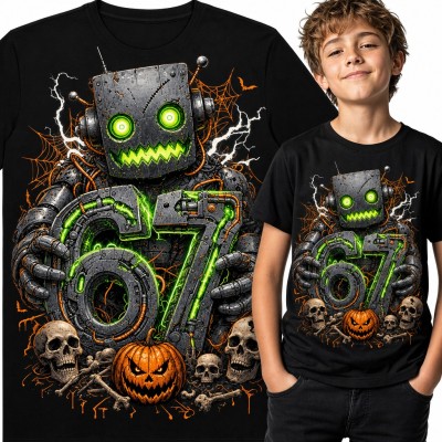 Koszulka chłopięca „67” - halloweenowy robot z dynią i czaszkami