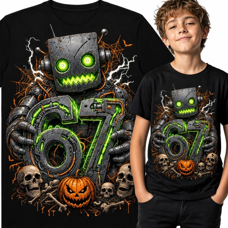 Koszulka chłopięca „67” - halloweenowy robot z dynią i czaszkami