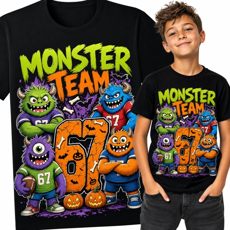 Koszulka chłopięca „Monster Team” - potworki z numerem 67 i dyniami