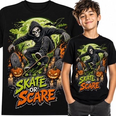Koszulka chłopięca na Halloween „Skate or Scare” - szkielet na deskorolce