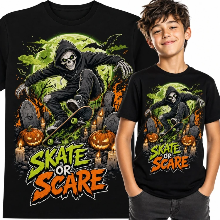 Koszulka chłopięca na Halloween „Skate or Scare” - szkielet na deskorolce