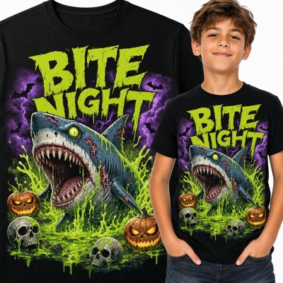 Koszulka chłopięca „Bite Night” - zombie rekin w zielonym szlamie z dyniami
