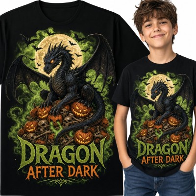 Koszulka chłopięca ze smokiem na dyniach „Dragon After Dark” - Halloween