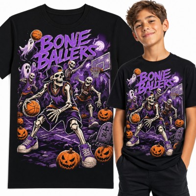 Koszulka chłopięca „Bone Ballers” - szkielety grające w koszykówkę na Halloween