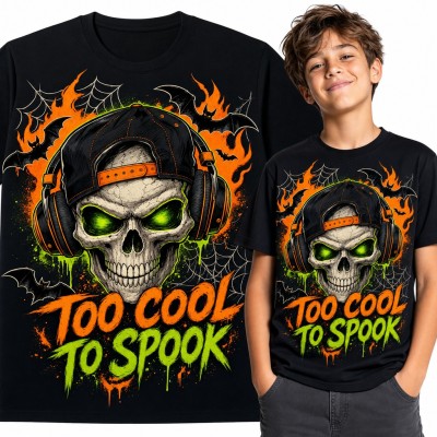 Koszulka chłopięca na Halloween „Too cool to spook” - czaszka w słuchawkach