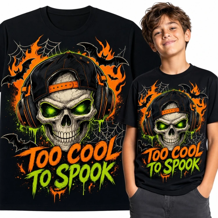 Koszulka chłopięca na Halloween „Too cool to spook” - czaszka w słuchawkach