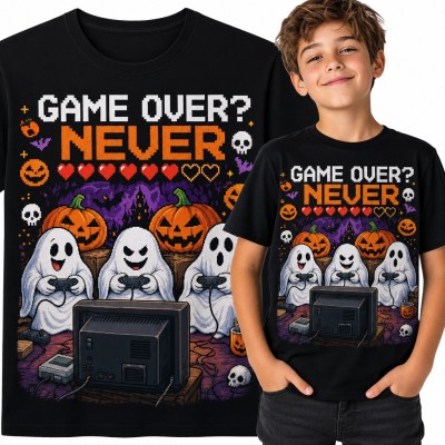Koszulka chłopięca „Game over? Never” - duchy grające na konsoli retro w Halloween