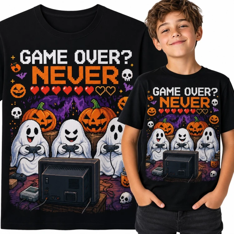 Koszulka chłopięca „Game over? Never” - duchy grające na konsoli retro w Halloween