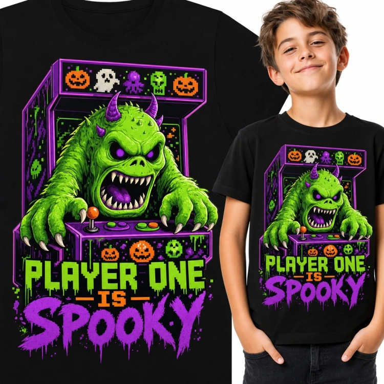 Koszulka chłopięca „Player one is spooky” - halloweenowy potwór przy automacie arcade