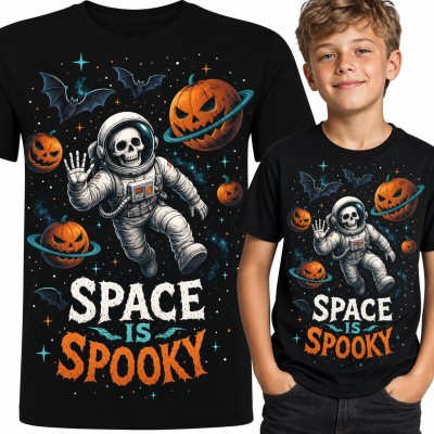 Koszulka chłopięca „Space is spooky” - szkielet astronauta wśród dyń