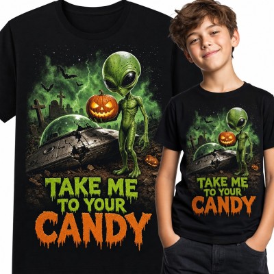 Koszulka chłopięca Halloween z kosmitą - „Take me to your candy”