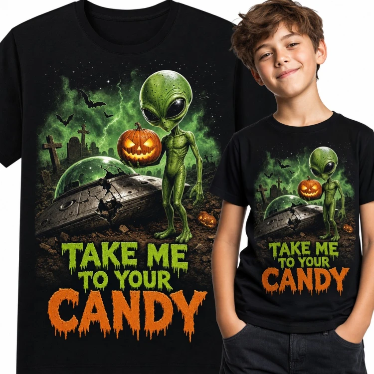 Koszulka chłopięca Halloween z kosmitą - „Take me to your candy”