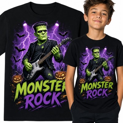 Koszulka chłopięca Frankenstein z gitarą „Monster Rock” - Halloween