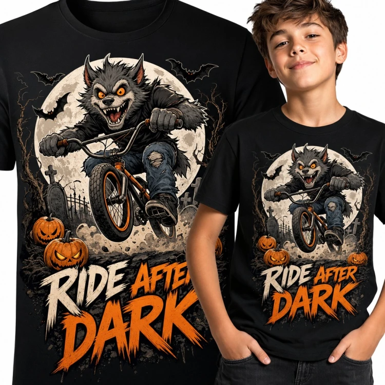 Koszulka chłopięca wilkołak na BMX „Ride After Dark” - Halloween z dyniami
